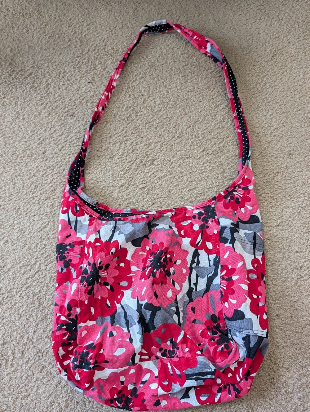 Thirty One Reversible Floral Pink And Polka Dots Canvas Shoulder Bag